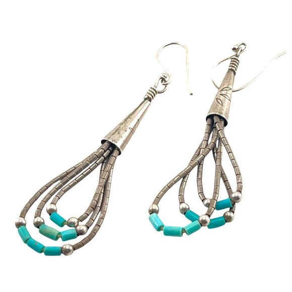 Boho 1970s Silver & Turquoise Beaded Dangle Earrings 2" Bohemian Chic Jewelry - Picture 1 of 8